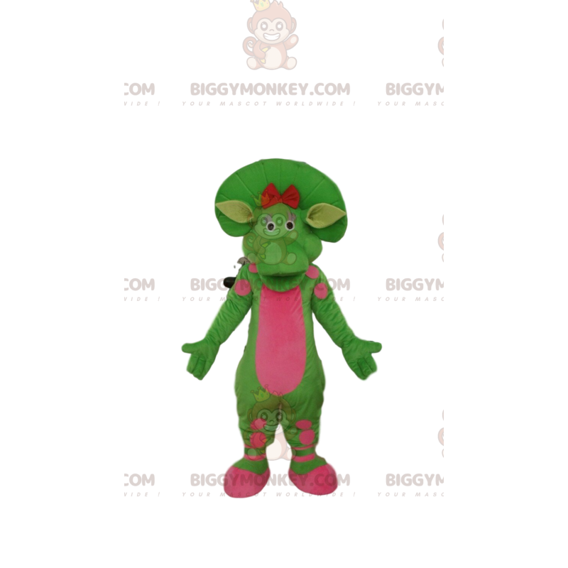 Groene en roze dinosaurus BIGGYMONKEY™ mascottekostuum