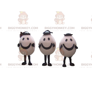 3 BIGGYMONKEY™s smiling egg mascot with hats, 3 eggs –