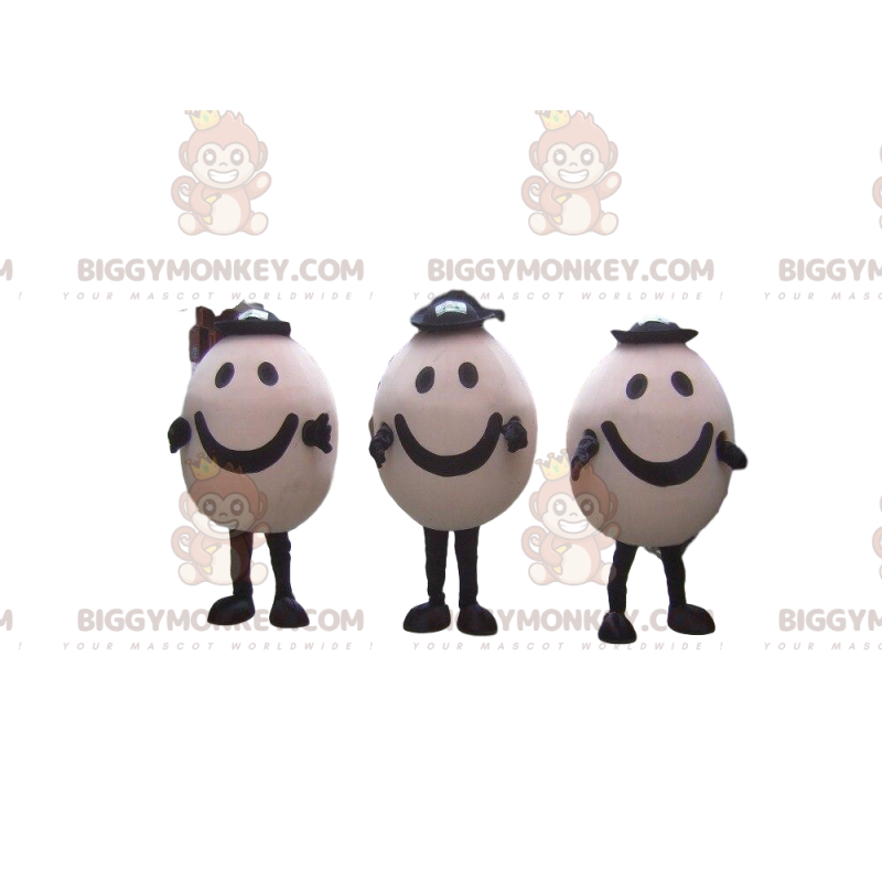 3 mascottes BIGGYMONKEY™ d'œufs souriants avec des chapeaux, 3