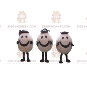 3 BIGGYMONKEY™s smiling egg mascot with hats, 3 eggs -