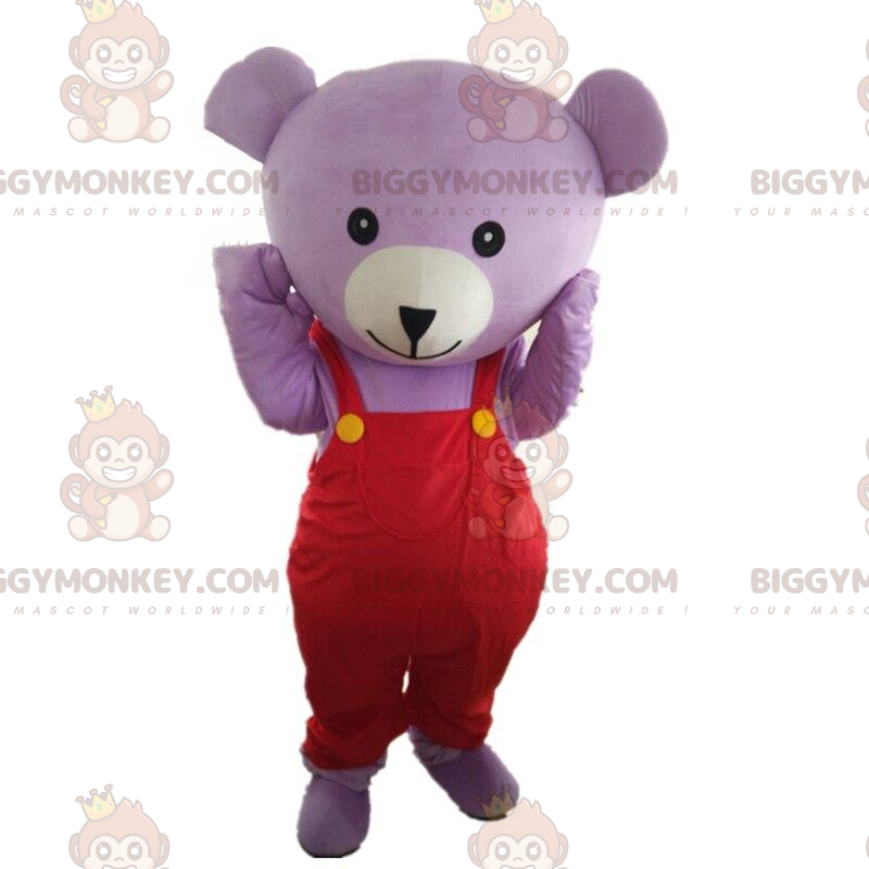 BIGGYMONKEY™ Maskottchenkostüm lila Bär Teddybär mit Overall