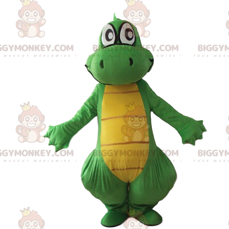 BIGGYMONKEY™ maskot kostume grøn og gul drage, kæmpe dinosaur