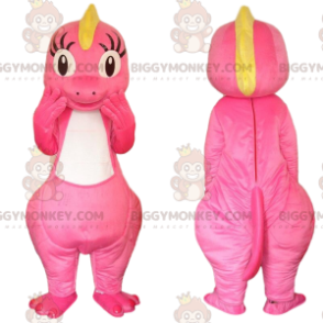 BIGGYMONKEY™ mascottekostuum roze en gele dinosaurus, roze
