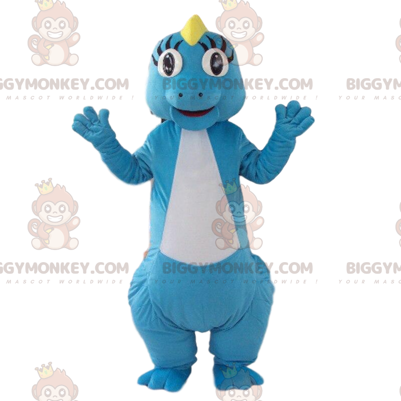 Blau-weißes Dinosaurier-BIGGYMONKEY™-Maskottchen-Kostüm, buntes