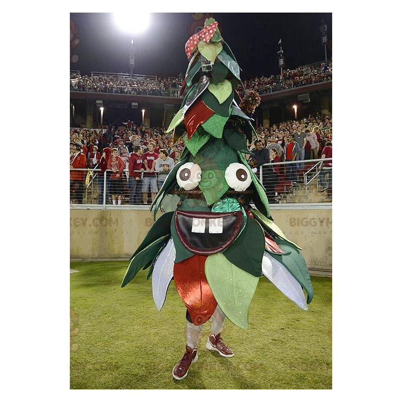 Traje de mascote de árvore de Natal verde e vermelho