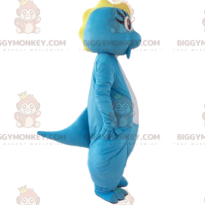 Blauw en wit dinosaurus BIGGYMONKEY™ mascottekostuum, kleurrijk