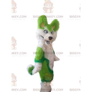 BIGGYMONKEY™ maskotdräkt vit och grön huskyhund, hårig rävdräkt