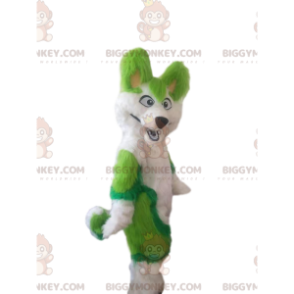 BIGGYMONKEY™ maskotdräkt vit och grön huskyhund, hårig rävdräkt