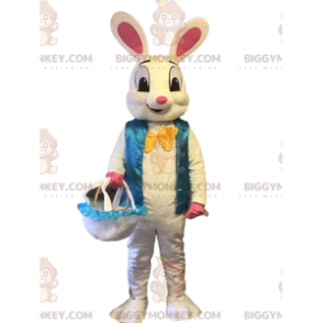 Big Bunny BIGGYMONKEY™ maskotdräkt med blå väst, kaninkostym -