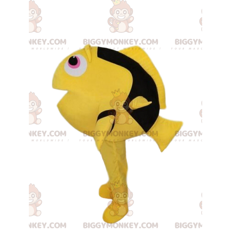 Traje de mascote BIGGYMONKEY™, peixe amarelo e preto, Traje