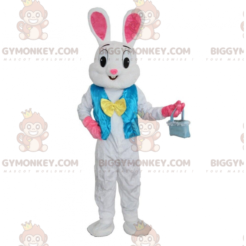 BIGGYMONKEY™ Mascottekostuum wit en roze konijn met blauw vest
