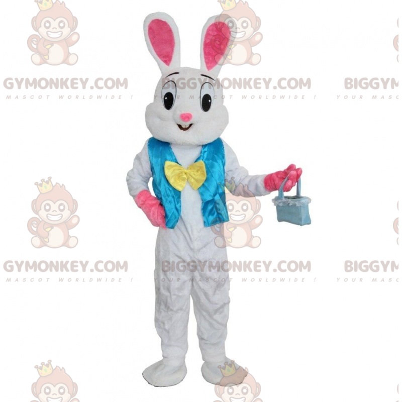 Traje de mascote BIGGYMONKEY™ Coelho branco e rosa com colete