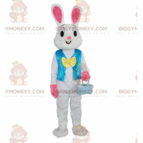 BIGGYMONKEY™ Mascot Costume White and Pink Bunny with Blue Vest