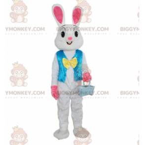 BIGGYMONKEY™ Maskotdräkt Vit och rosa kanin med blå väst -