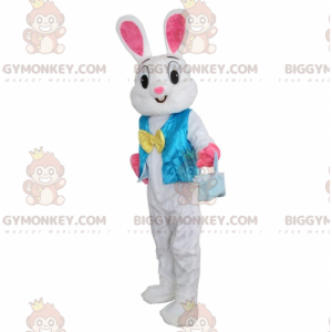 Kostým maskota BIGGYMONKEY™ Bílý a růžový zajíček s modrou