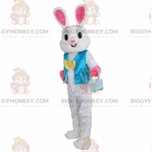 Traje de mascote BIGGYMONKEY™ Coelho branco e rosa com colete