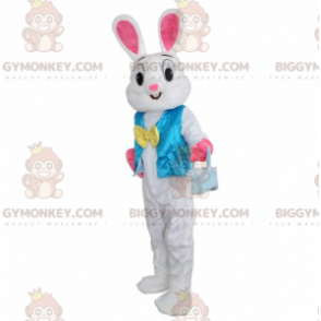 BIGGYMONKEY™ Mascot Costume White and Pink Bunny with Blue Vest