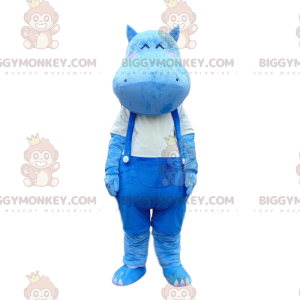 BIGGYMONKEY™ mascot costume of blue hippo in overalls, hippo