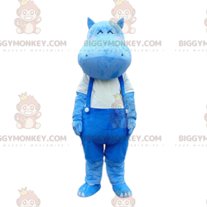 BIGGYMONKEY™ maskotdräkt av blå flodhäst i overall