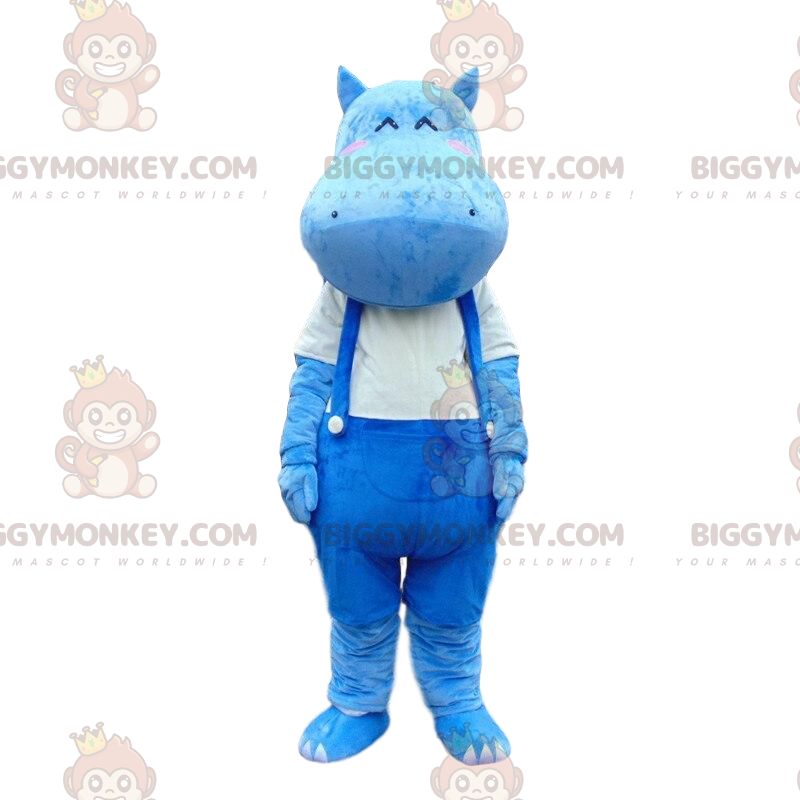 BIGGYMONKEY™ mascot costume of blue hippo in overalls, hippo