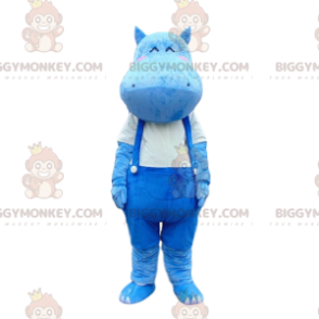 BIGGYMONKEY™ Maskottchenkostüm blaues Nilpferd im Overall