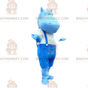 BIGGYMONKEY™ mascot costume of blue hippo in overalls, hippo