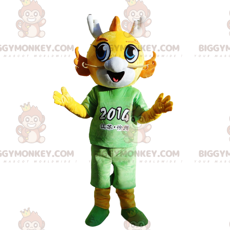 Costume de mascotte BIGGYMONKEY™ de dragon jaune habillé en