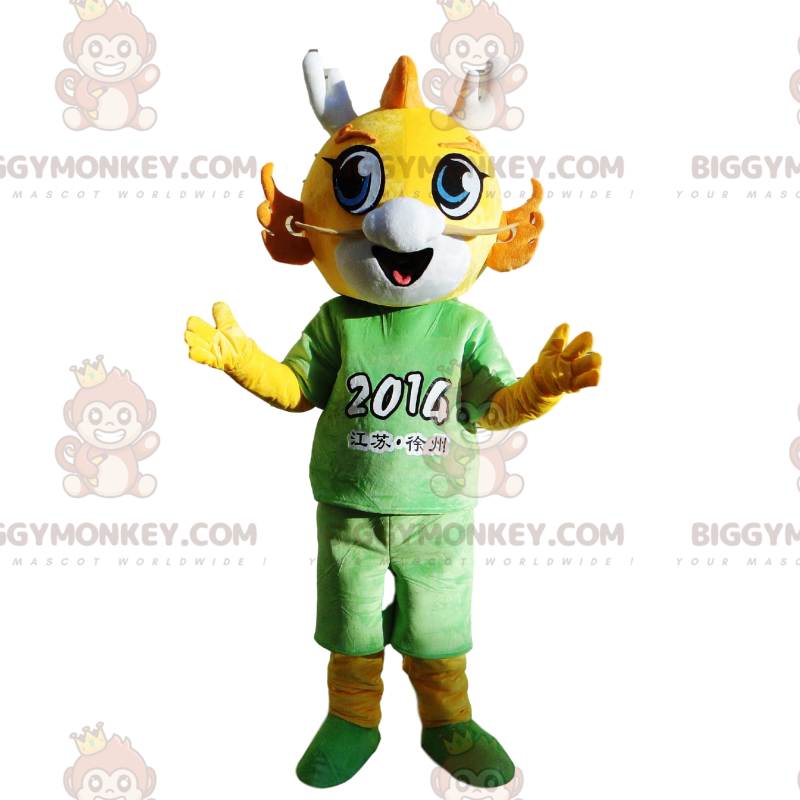 Disfraz de mascota BIGGYMONKEY™ de dragón amarillo vestido de