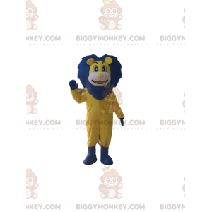 BIGGYMONKEY™ mascottekostuum van gele en blauwe leeuw, grote