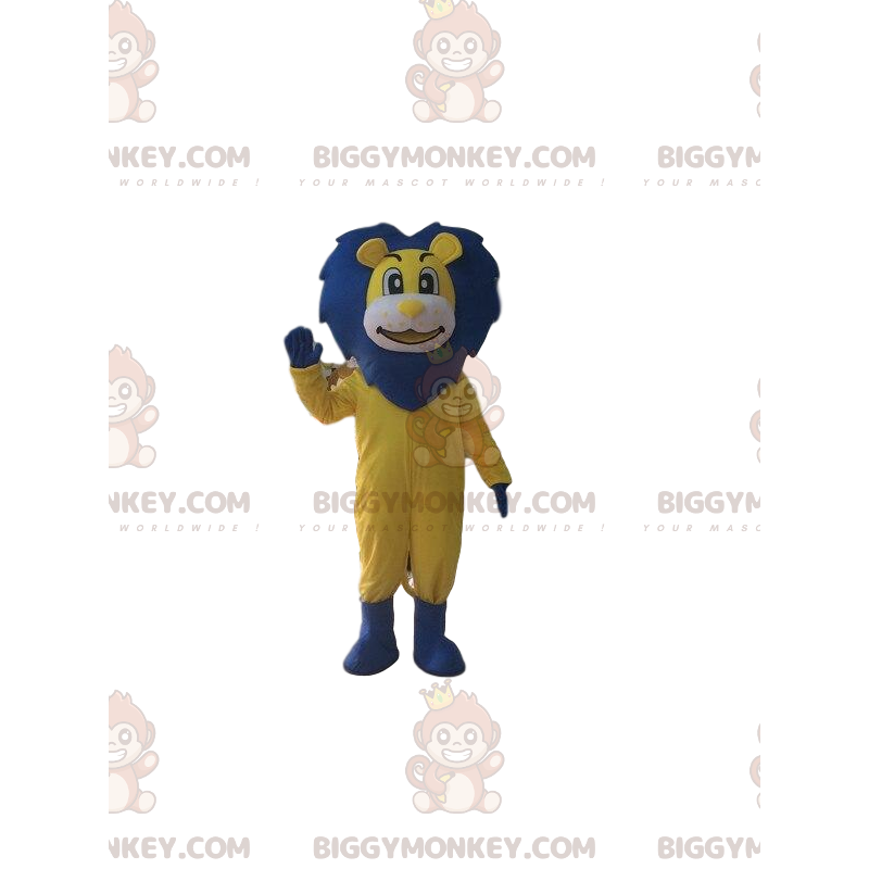 BIGGYMONKEY™ maskot kostume af gul og blå løve, stor løve