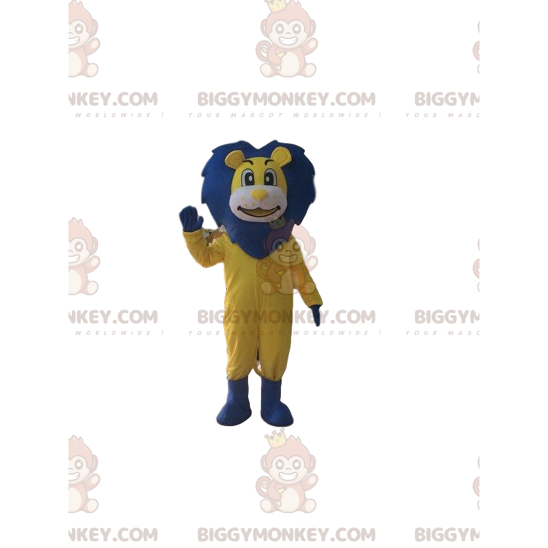 Traje de mascote BIGGYMONKEY™ de leão amarelo e azul, traje de