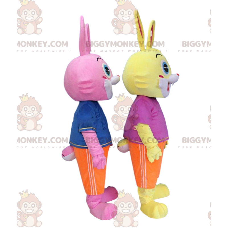 2 coelhos coloridos mascote do BIGGYMONKEY™, fantasias de