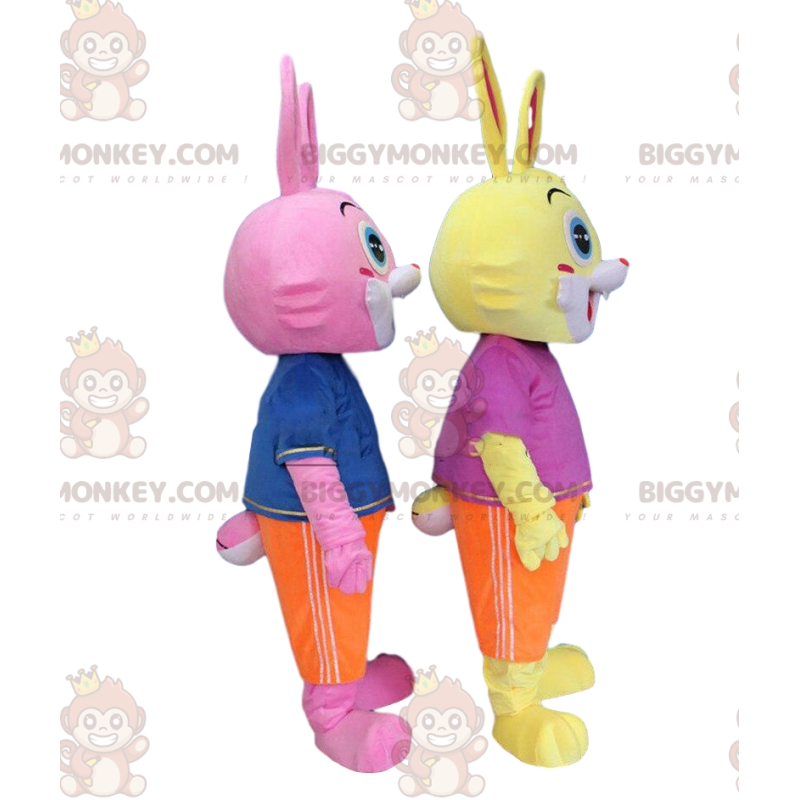 2 conejos coloridos de la mascota de BIGGYMONKEY™, disfraces de