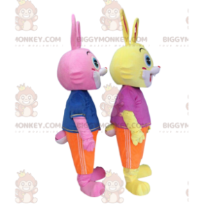 2 coelhos coloridos mascote do BIGGYMONKEY™, fantasias de