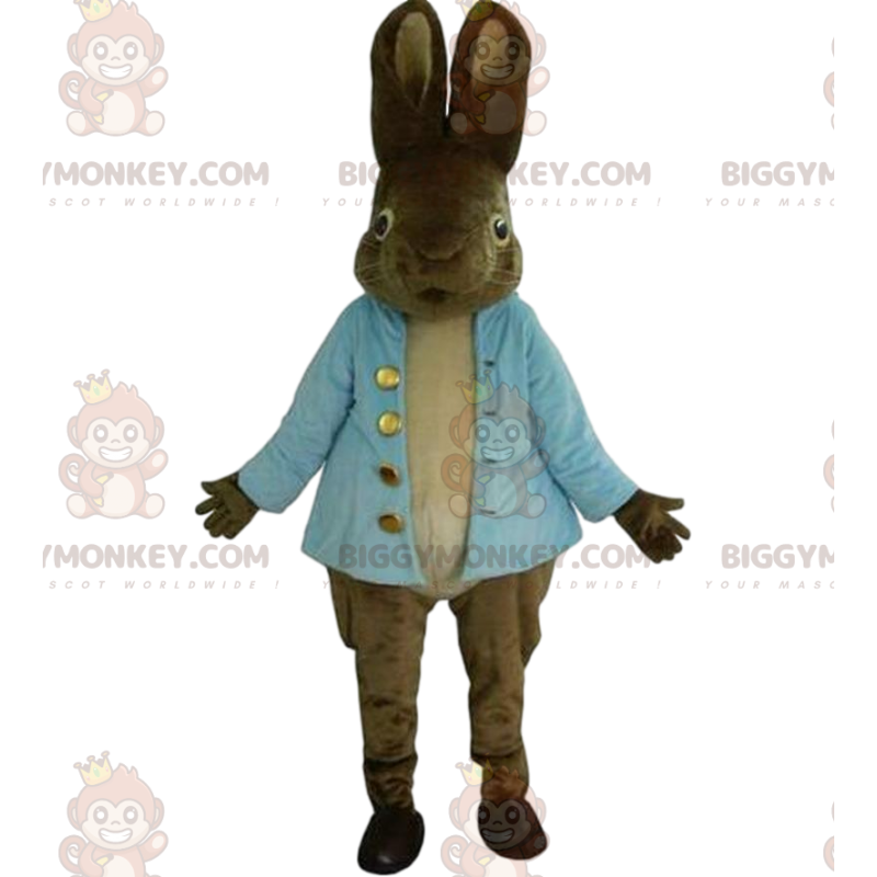 BIGGYMONKEY™ Realistisch bruin konijn-mascottekostuum met blauw