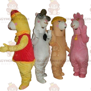 4 BIGGYMONKEY™s Maskottchen, bunte Lamas, Alpakas, Kostüme -