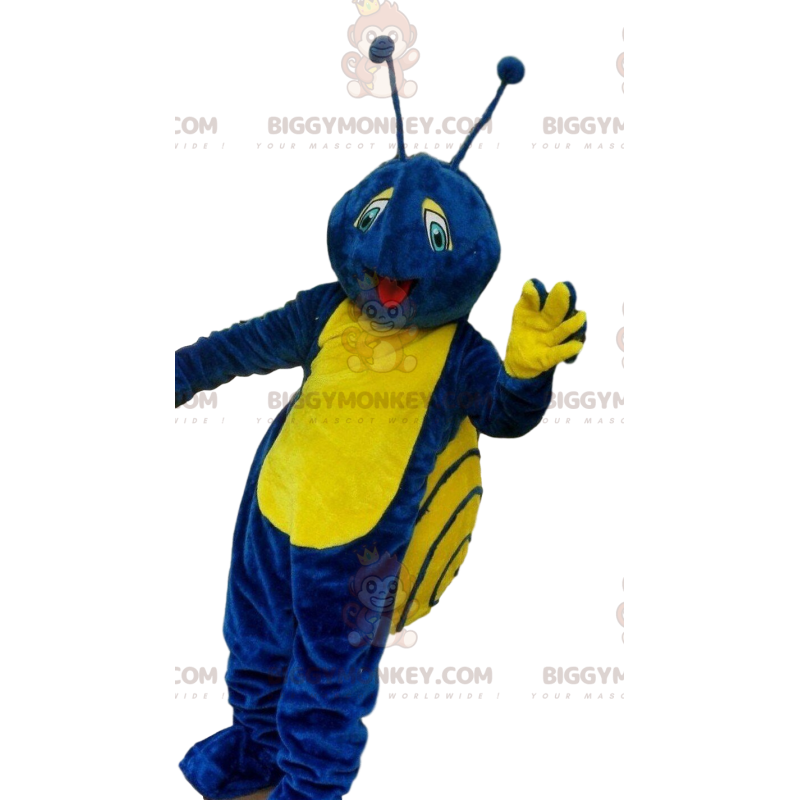 BIGGYMONKEY™ mascottekostuum blauwe en gele slak, kleurrijk
