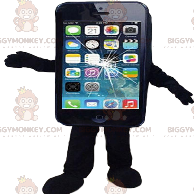BIGGYMONKEY™ maskottiasu, musta matkapuhelin, rikkinäinen