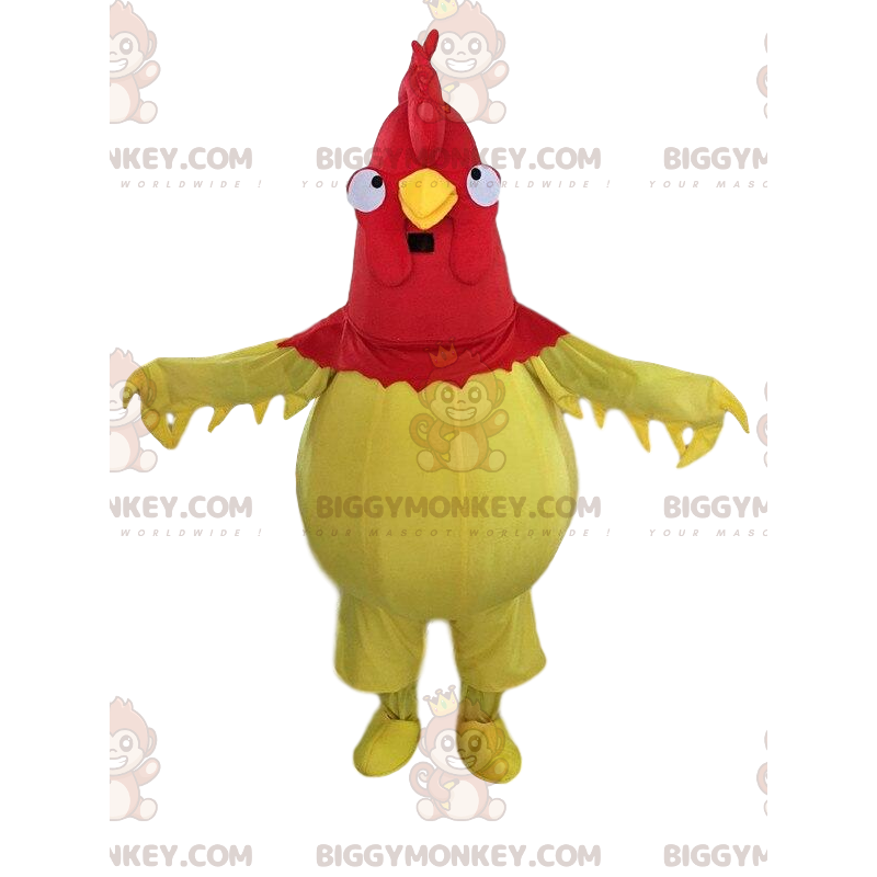 BIGGYMONKEY™ mascot costume of yellow and red rooster, giant