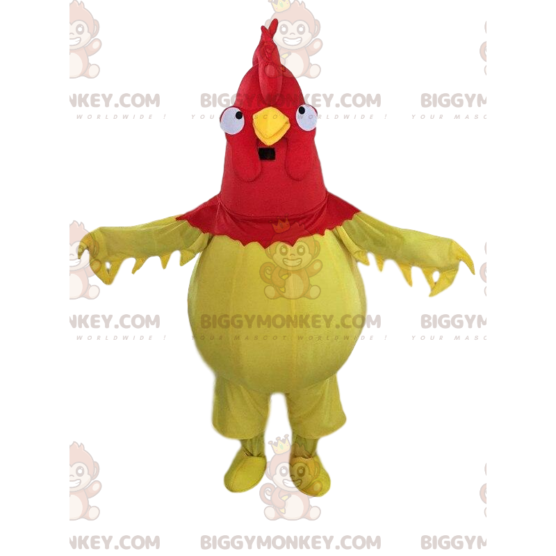 Traje de mascote BIGGYMONKEY™ de galo amarelo e vermelho