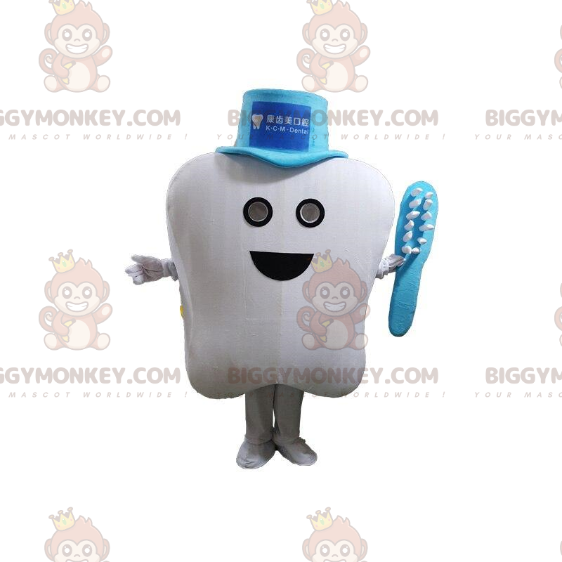 Valkoinen BIGGYMONKEY™ maskottiasu hatulla ja hammasharjalla -