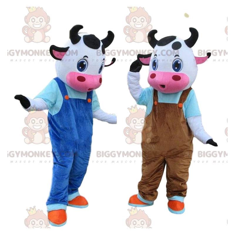 2 krávy maskotů BIGGYMONKEY™, oblečené, farmářské kostýmy –