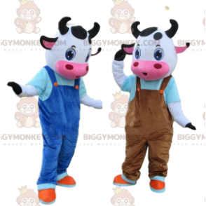 Duo de mascottes BIGGYMONKEY™ de vaches habillées, costumes de