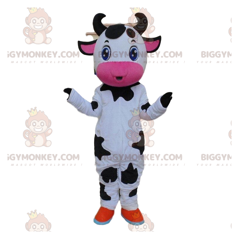 Fantasia de mascote BIGGYMONKEY™ de vaca branca, preta e rosa