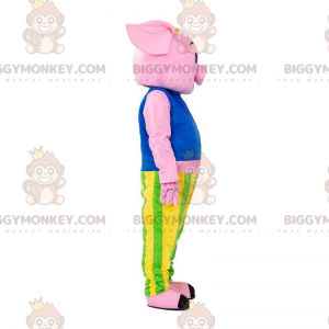 BIGGYMONKEY™ Rosa Schwein-Maskottchen-Kostüm in buntem Outfit -