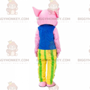 BIGGYMONKEY™ Rosa Schwein-Maskottchen-Kostüm in buntem Outfit -