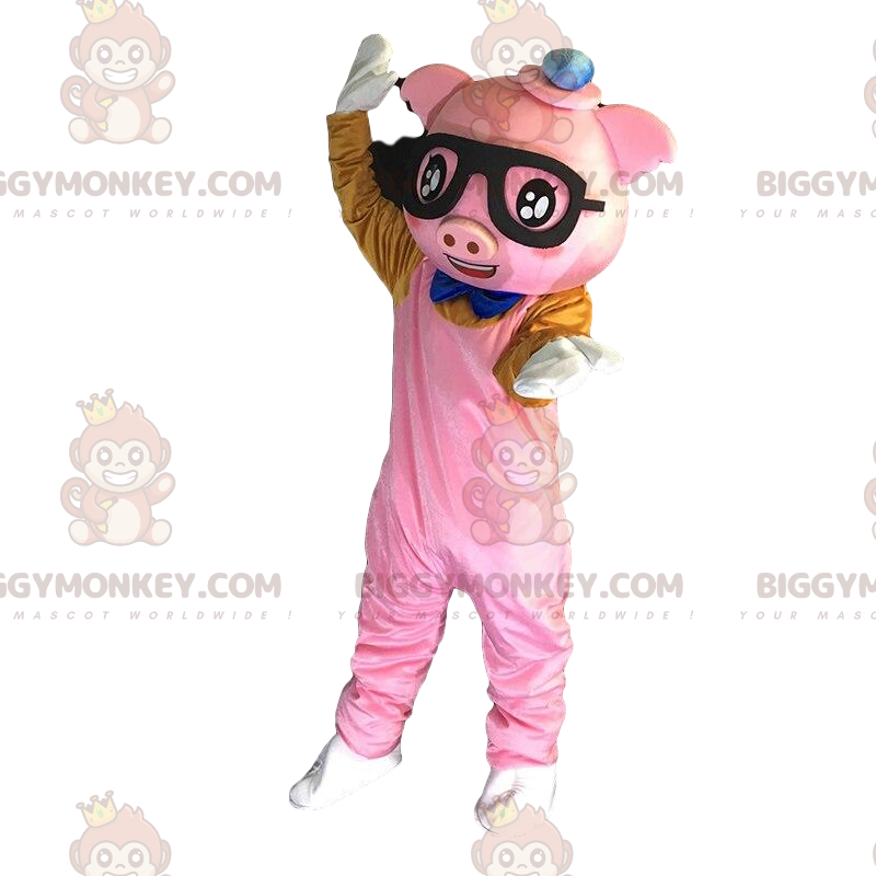 BIGGYMONKEY™ Mascottekostuum roze gekleed varken met bril -