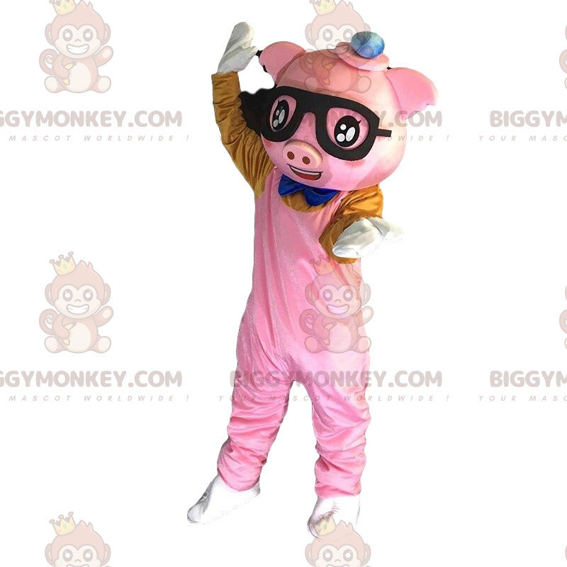 BIGGYMONKEY™ maskotkostume Pink klædt gris med briller -
