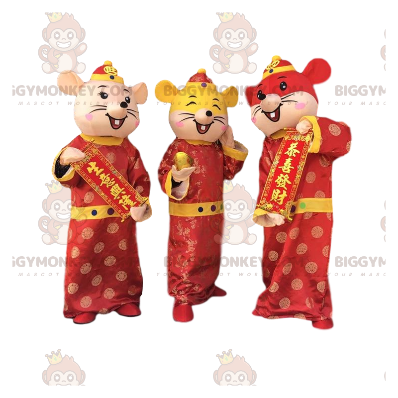 3 mascottes BIGGYMONKEY™ de souris colorées, costumes nouveaux