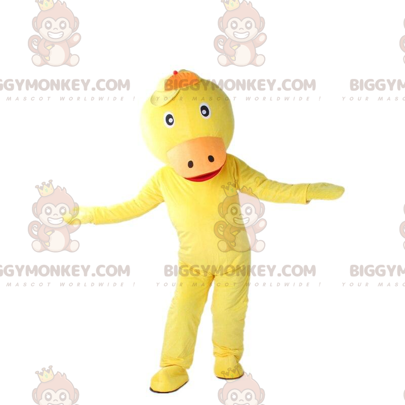 Traje de mascote BIGGYMONKEY™ pato amarelo e laranja, traje de